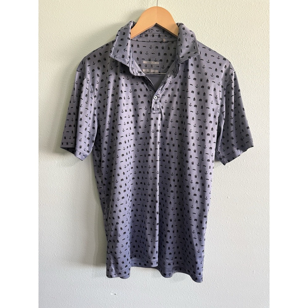Swannies Golf Polo Shirt Mens Medium Blue Novelty AOP Anchors, beer, hamburgers